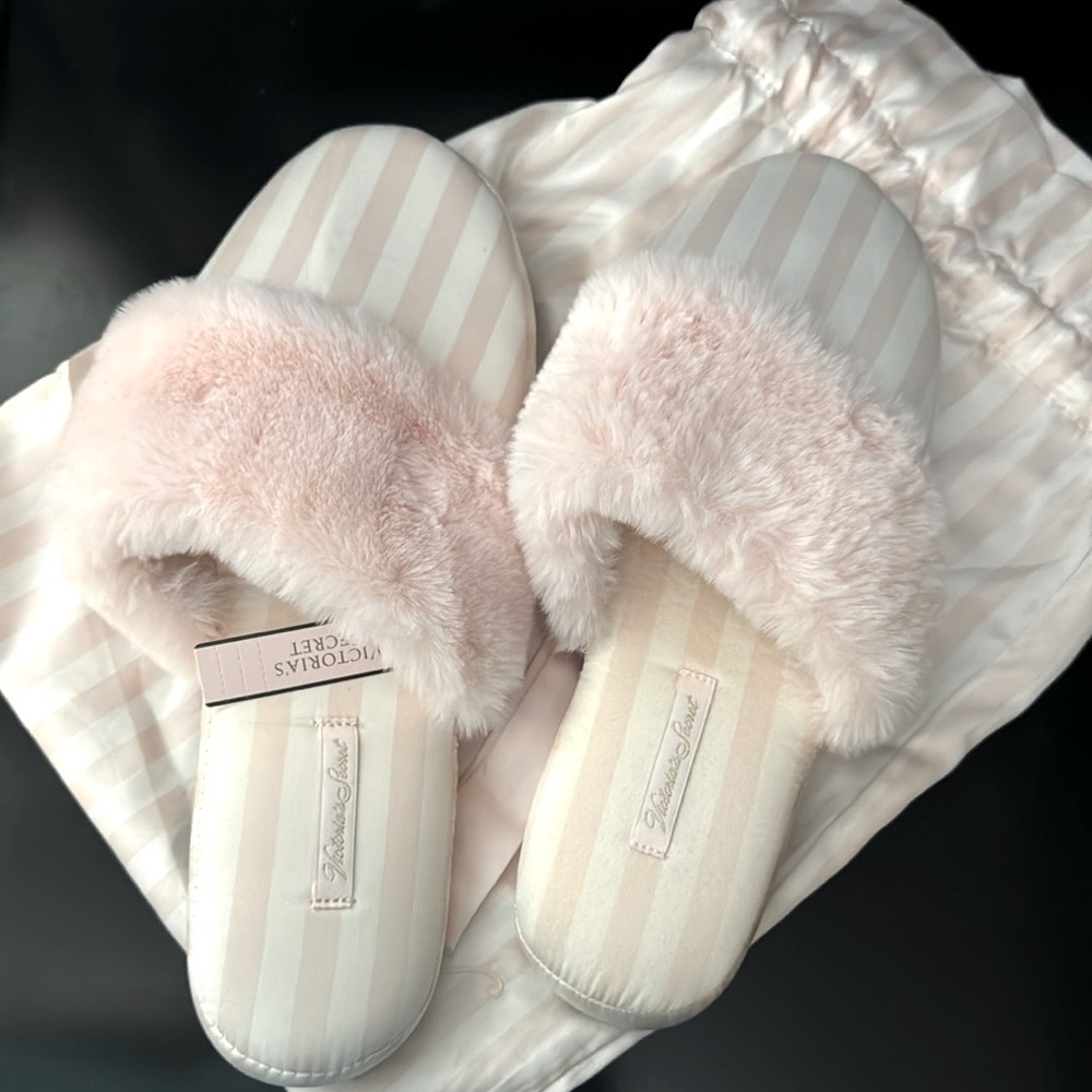 Victoria’s Secret Satin Slippers with Fur Trim